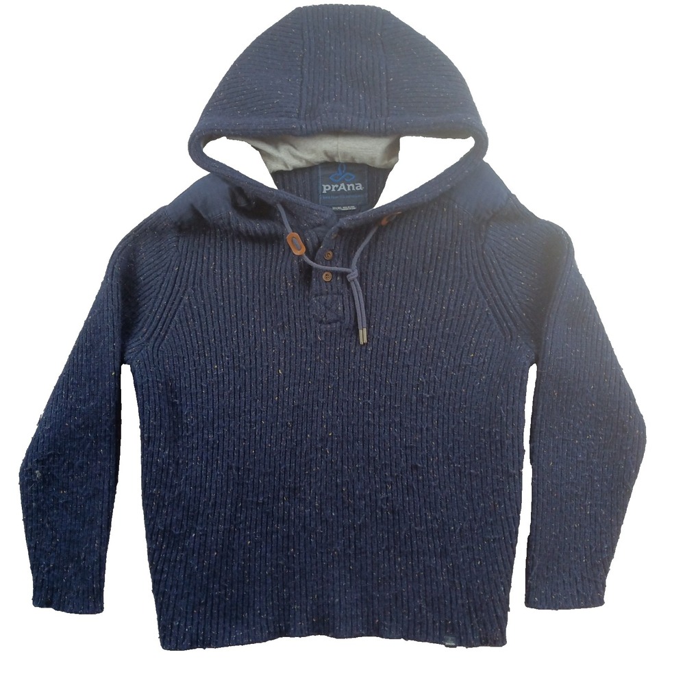 Prana Men's Hooded Henley Sweater Navy Blue Speckled Heavy LambsWool Blend - XXL